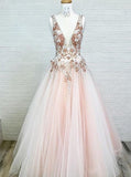 A-Line V-Neck Floor-Length Pink Tulle Prom Dress with Appliques Beading HZ0509