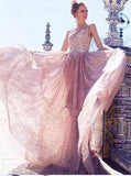 Lace Long Prom Dresses, Elegant Bateau Evening Dress HZ0509
