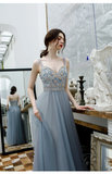 A Line Spaghetti Straps Beaded Long Tulle Prom Dresses HZ0509