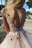 A-Line V-Neck Floor-Length Pink Tulle Prom Dress with Appliques Beading HZ0509