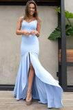 V Neck Straps Backless Light Blue Satin Prom Dress with Split HZ0509