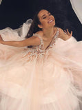 A-Line V-Neck Floor-Length Pink Tulle Prom Dress with Appliques Beading HZ0509