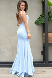 V Neck Straps Backless Light Blue Satin Prom Dress with Split HZ0509