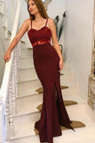 Spaghetti Straps Long Burgundy Prom Dress with Lace Appliques HZ0509
