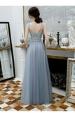 A Line Spaghetti Straps Beaded Long Tulle Prom Dresses HZ0509