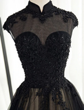 Chic A line High Neck Black Tulle Floor Length Modest Prom Dress Evening Dress HZ0509