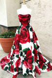 Red Floral Long Prom Dresses with Pockets Strapless Evening Gown HZ0509