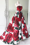Red Floral Long Prom Dresses with Pockets Strapless Evening Gown HZ0509