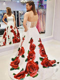 Red Floral Long Prom Dresses with Pockets Strapless Evening Gown HZ0509