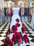 Red Floral Long Prom Dresses with Pockets Strapless Evening Gown HZ0509