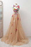 Sleeveless Open Back Appliques Tulle Long Prom Dress Flowers HZ0509