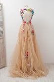 Sleeveless Open Back Appliques Tulle Long Prom Dress Flowers HZ0509