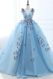 Gown Long Sky Blue Butterfly V Neck Prom Dress,Quinceanera Dresses HZ0509