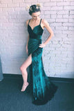 Emerald Green Spaghetti Straps Long Simple Prom Dresses with Slit HZ0509