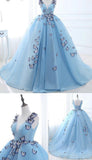 Gown Long Sky Blue Butterfly V Neck Prom Dress,Quinceanera Dresses HZ0509