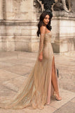 Off Shoulder Long Sleeves Split Sequins Sexy Prom Party Dress HZ0509