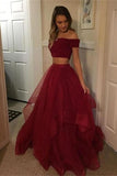 2 Pieces Simple Long Burgundy A Line Off The Shoulder Prom Dresses HZ0509