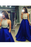 Neck Royal Blue Long Prom Dresses,Bodice Beads Evening Prom Dress Ball Gown HZ0509