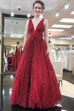Burgundy V Neck Sleeveless Sequin Prom Dresses A Line Formal Party Dress HZ0509