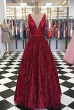 Burgundy V Neck Sleeveless Sequin Prom Dresses A Line Formal Party Dress HZ0509