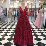 Burgundy V Neck Sleeveless Sequin Prom Dresses A Line Formal Party Dress HZ0509