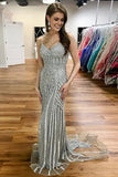 Beaded Long Spaghetti Straps Mermaid Prom Dresses HZ0509