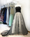 Line Black Strapless Appliques Long Cheap Prom Dresses HZ0509