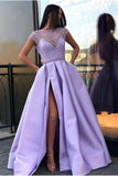 Purple A Line Satin Slit Cap Sleeves Prom Dresses With Pockets HZ0509