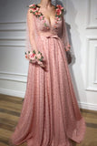 Flowers Long Sleeve Pink Prom Dresses Pearl Beaded V Neck Formal Dress HZ0509