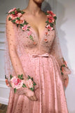 Flowers Long Sleeve Pink Prom Dresses Pearl Beaded V Neck Formal Dress HZ0509