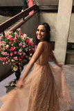 Sequin Long Prom Dress Spaghetti V Neck Backless Evening Dress HZ0509
