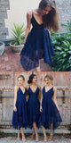 Blue/Pink Deep V-neck Spaghetti Straps Sleeveless Asymmetry Lace A-line Bridesmaid Dress HZ0509