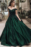 Shoulder Dark Green A-line Long Evening Prom Dresses, Cheap Sweet 16 Dresses HZ0509