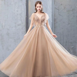 A Line Short Sleeves Tulle Beading Long Prom Dress Evening Dress HZ0509