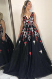 V-Neck Black Floral Appliques Beading Sleeveless Long Prom Dress HZ0509
