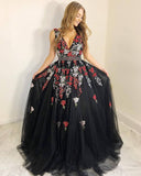 V-Neck Black Floral Appliques Beading Sleeveless Long Prom Dress HZ0509