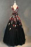 V-Neck Black Floral Appliques Beading Sleeveless Long Prom Dress HZ0509