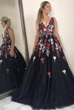 V-Neck Black Floral Appliques Beading Sleeveless Long Prom Dress HZ0509