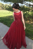 Line Red Appliques Long Tulle Formal Prom Dresses HZ0509