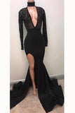 Black Deep V-neck Long Sleeve Prom Dresses Split Sexy Evening Gown HZ0509
