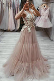 Neck Tulle Lace Appliques Long Prom Dress, Cheap Tulle Evening Dresses HZ0509