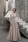 A Line Beaded Long Tulle Lace Up Back Prom Dresses HZ0509
