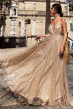 A Line V Neck Spaghetti Straps Sequin Long Prom Dress HZ0509