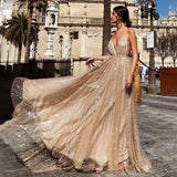 A Line V Neck Spaghetti Straps Sequin Long Prom Dress HZ0509