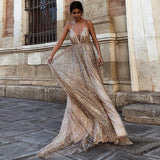 A Line V Neck Spaghetti Straps Sequin Long Prom Dress HZ0509