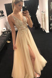 V-Neck Beading Tulle Long Prom Dress, Junior Split Evening Party Dress HZ0509