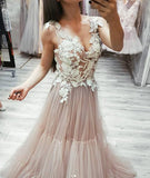 Neck Tulle Lace Appliques Long Prom Dress, Cheap Tulle Evening Dresses HZ0509