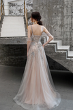 A Line Beaded Long Tulle Lace Up Back Prom Dresses HZ0509