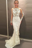 Jewel Long Sleeves Sweep Train Wedding Dresses, Prom Dress with Lace Appliques HZ0509