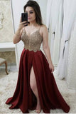 Strap A Line Maroon Long Beaded Prom Dresses with Slit and Gold Lace HZ0509